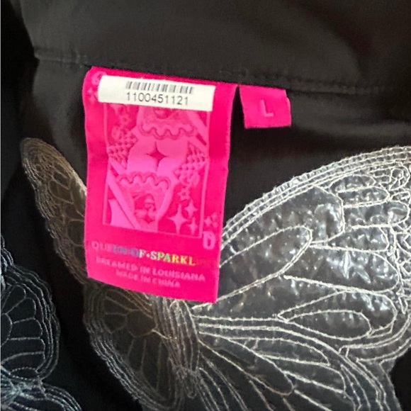 EUC Queen of Sparkle sequin scattered butterfly black puff sleeve dress sz Large - Picture 4 of 4